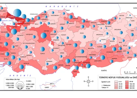 Türkiye Nüfus Yoğunluğu ve Dağılışı Haritası 2023