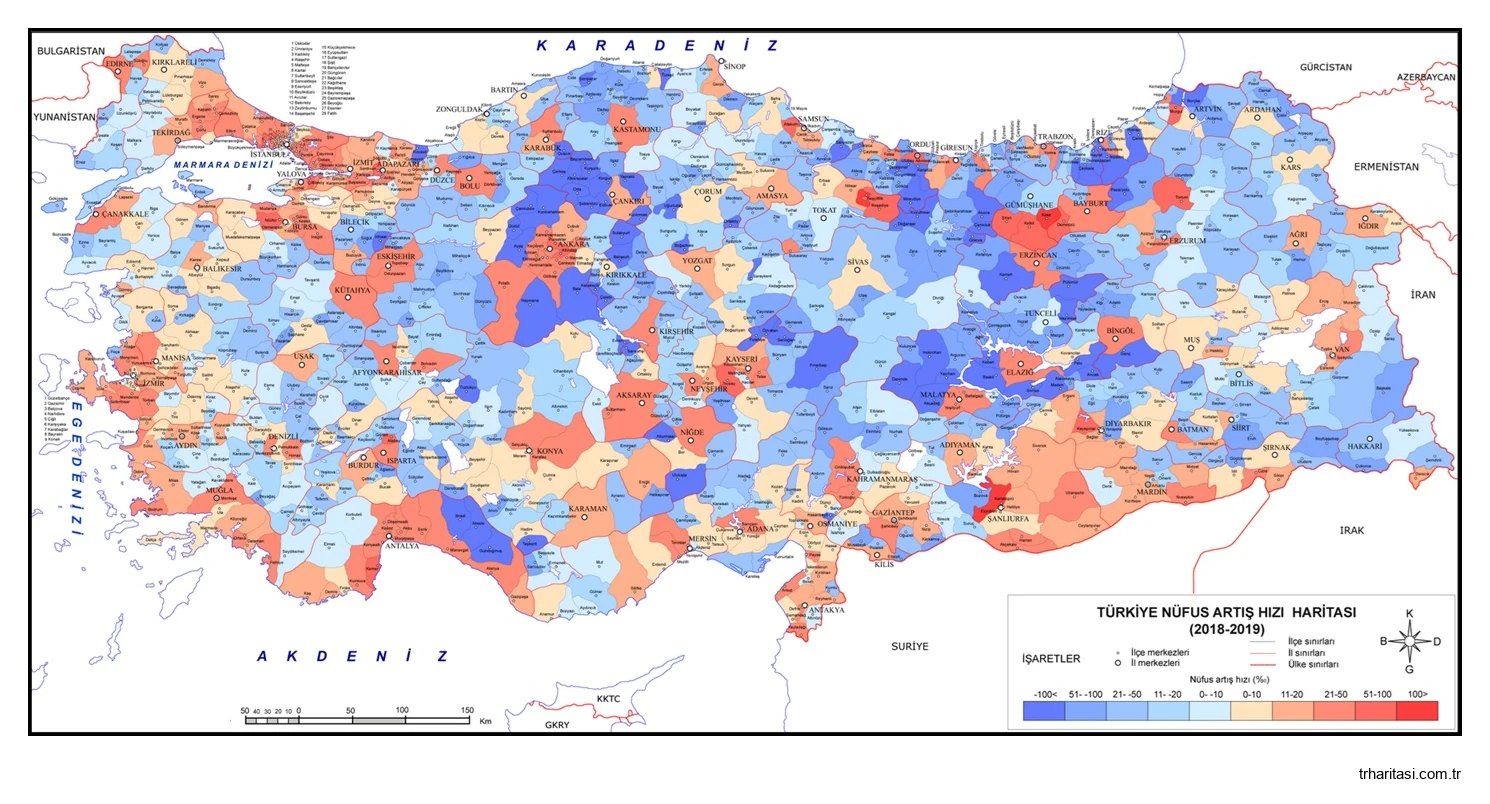 Türkiye İlçe Nüfus Artış Hızı Haritası 2019